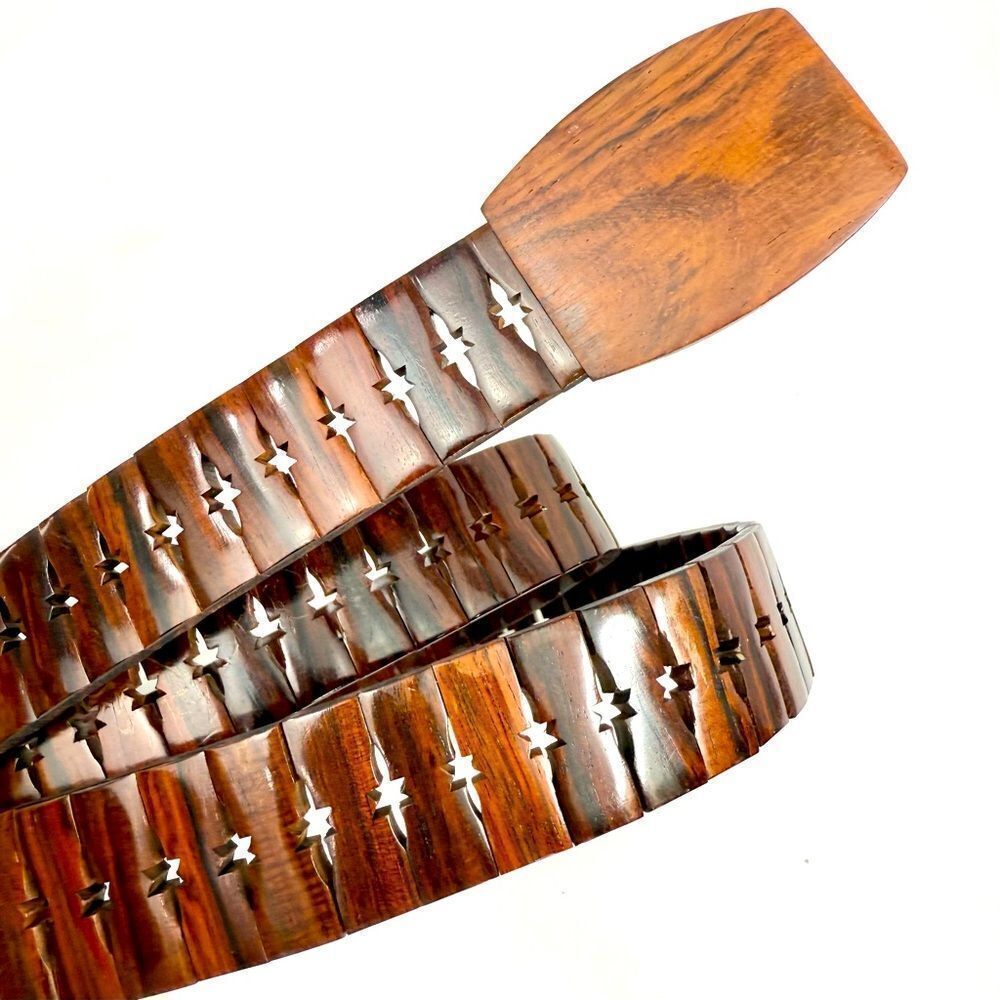 Vintage Brown All Wood Adjustable Size Star Slit Wood Buckle Belt